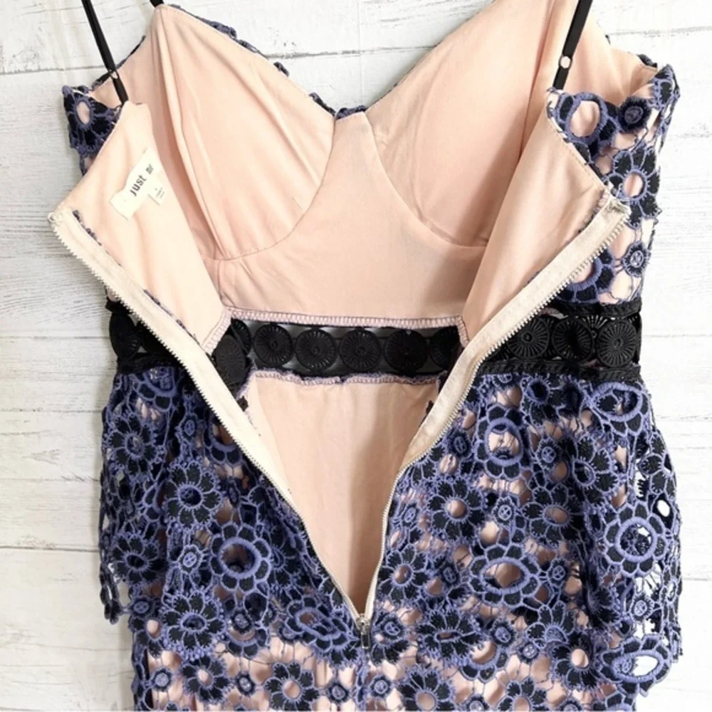 Just Me Lavender and Black Overlay Floral Lace Ruffle Dress - Picture 11 of 17